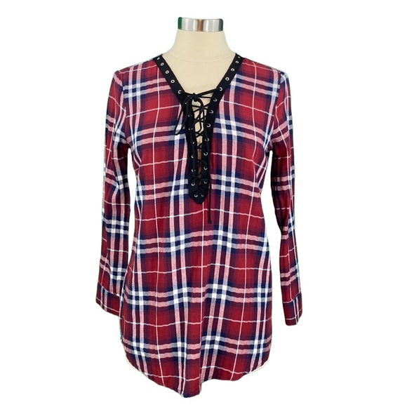 Windsor Tops - Windsor Burgundy Plaid Lace Up Tunic